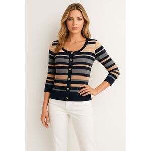 ANN TAYLOR STRIPED CASUAL CAREER 3/4 SLEEVES PREPPY CARDIGAN SWEATER SZE: MP NWT